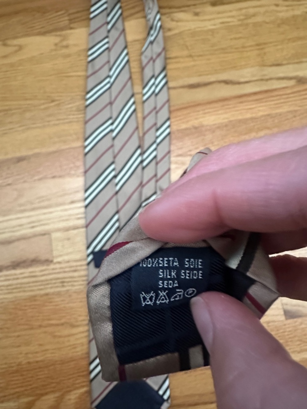 Burberry Tan Striped Silk Tie with Black, White and Red Accents - Picture 4 of 4